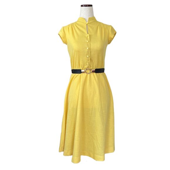 Yellow Vintage 1970s ILGWU Union Made Button Front Mandarin Collar Shirtdress - Picture 1 of 14